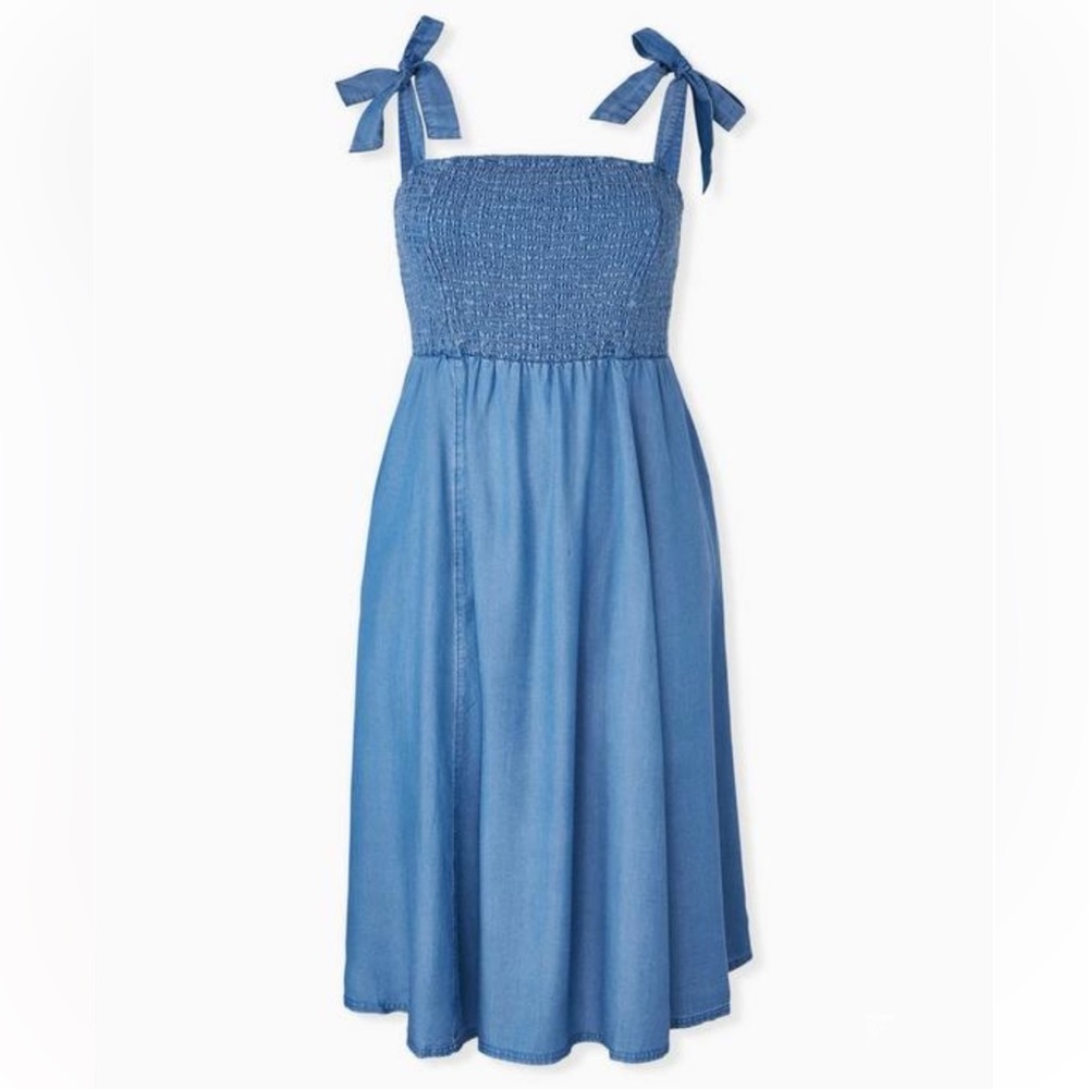 Torrid Blue Chambray Tie Strap Smocked Midi Dress